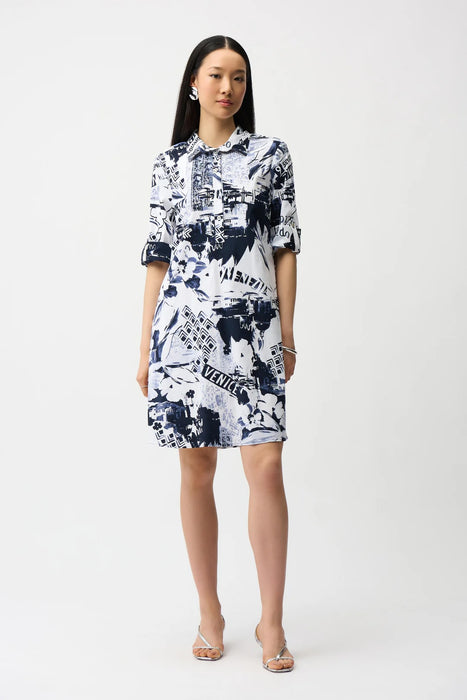 Joseph Ribkoff 261048 Blue/Vanilla Conversational Print Shirt Dress