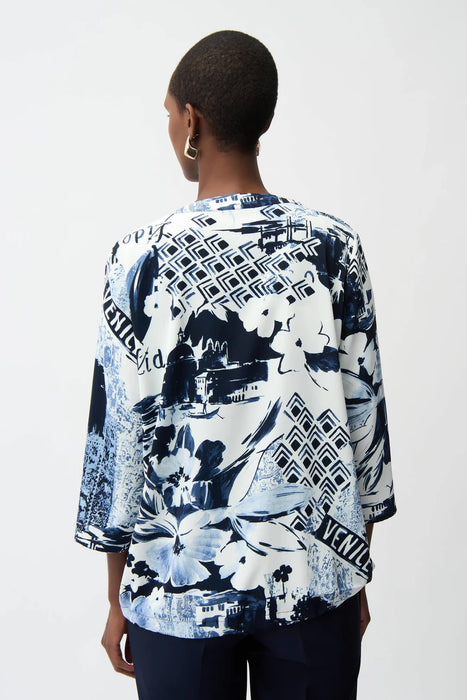 Joseph Ribkoff Blue/Vanilla Floral Drawstring Hem Tunic Top 261030