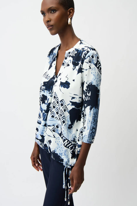Joseph Ribkoff Blue/Vanilla Floral Drawstring Hem Tunic Top 261030