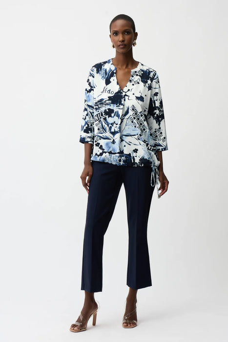 Joseph Ribkoff Blue/Vanilla Floral Drawstring Hem Tunic Top 261030