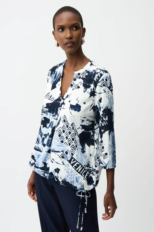 Joseph Ribkoff 261030 Blue/Vanilla Conversational Print V-Neck 3/4 Sleeves Tunic Top