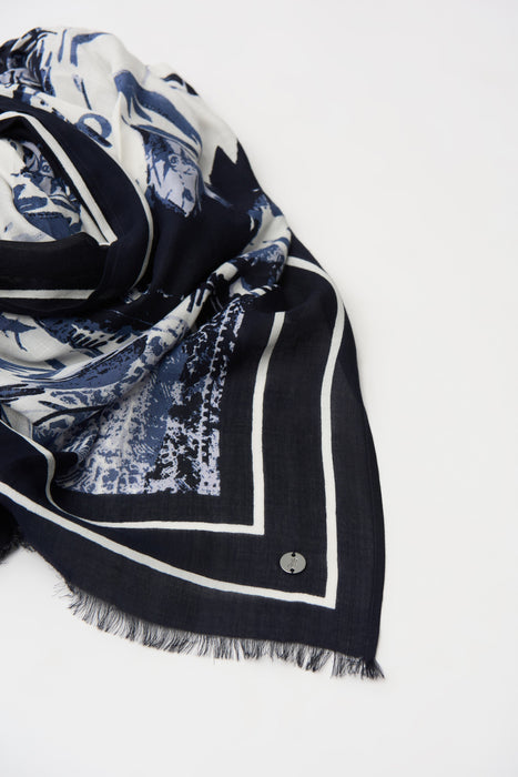 Joseph Ribkoff Blue/Vanilla Floral Abstract Fringe Scarf 261988