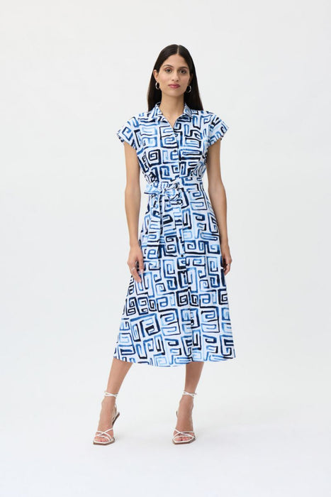 Joseph Ribkoff Style 232036 Blue/Vanilla Geometric Print Belted Midi Shirt Dress
