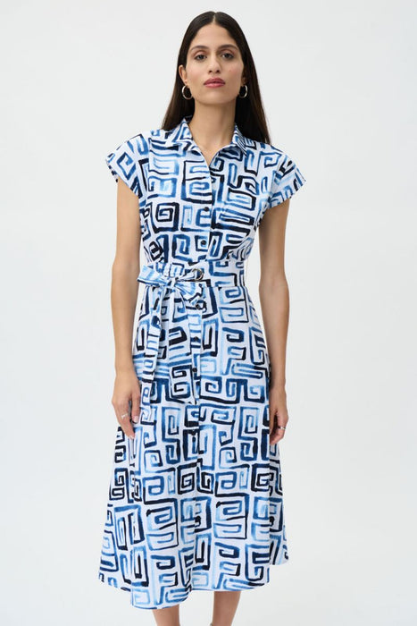 Joseph Ribkoff Blue/Vanilla Geometric Print Belted Midi Shirt Dress 232036 NEW