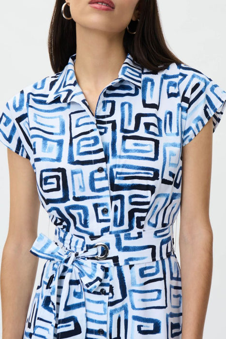 Joseph Ribkoff Blue/Vanilla Geometric Print Belted Midi Shirt Dress 232036