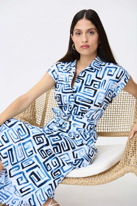 Joseph Ribkoff Blue/Vanilla Geometric Print Belted Midi Shirt Dress 232036