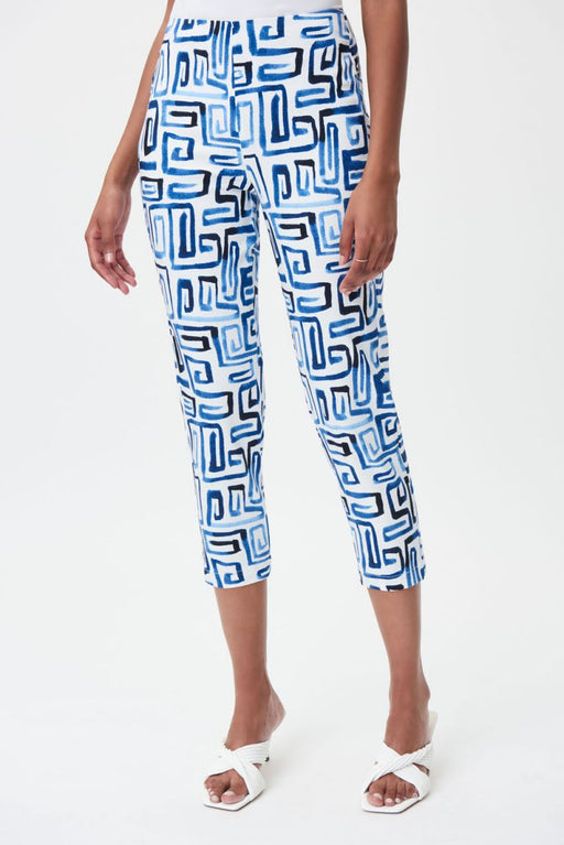 Joseph Ribkoff Style 232257 Blue/Vanilla Meander Print Pull On Capri Pants