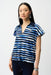 Woman wearing Joseph Ribkoff blue and vanilla stripe cocoon top styled for casual chic outings, office wear, travel days, and modern relaxed fashion looks.
