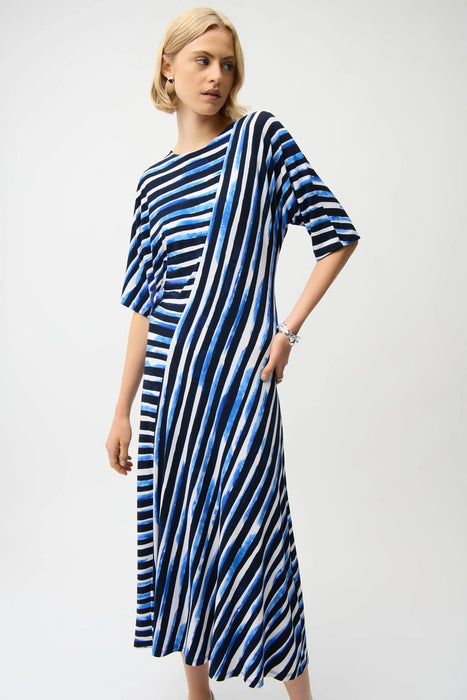 Joseph Ribkoff Blue/Vanilla Striped Midi Fit and Flare Dress 261047