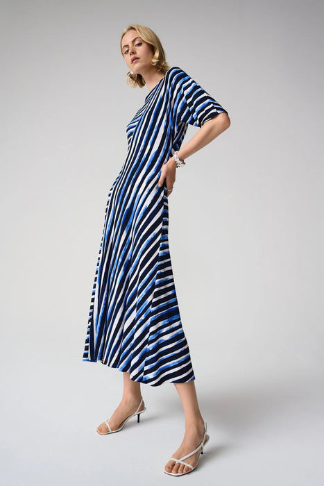 Joseph Ribkoff Blue/Vanilla Striped Midi Fit and Flare Dress 261047