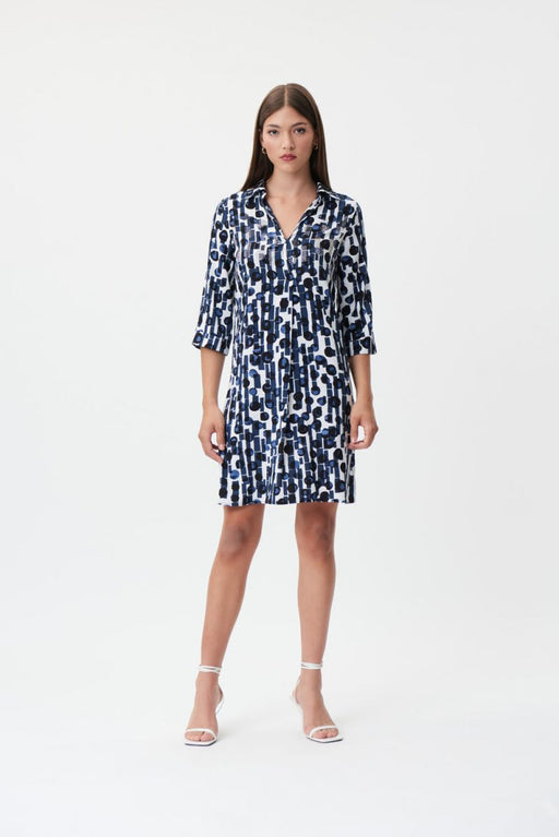 Joseph Ribkoff Style 232122 Blue/Vanilla Studded Geometric Print Shirt Dress