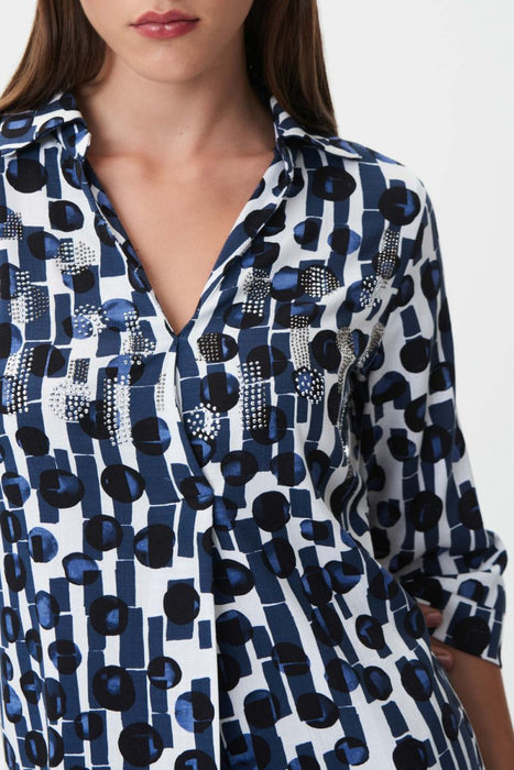 Joseph Ribkoff Blue/Vanilla Studded Geometric Print Shirt Dress 232122