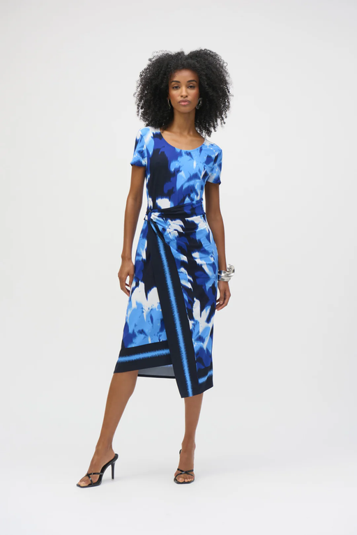 Joseph Ribkoff 252179 Blue/Vanilla Tropical Print Asymmetrical Dress