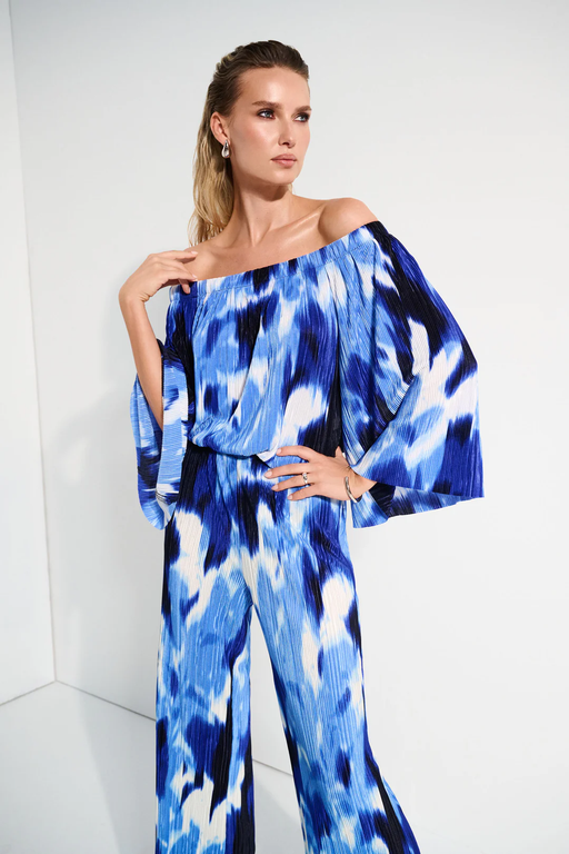 Joseph Ribkoff 252227 Blue/Vanilla Tropical Print Pleated Off-Shoulder Top