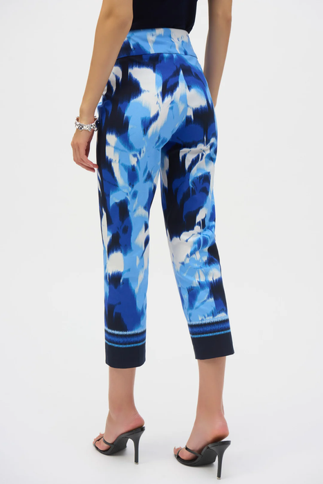 Joseph Ribkoff Blue/Vanilla Tropical Print Pull On Cropped Pants 252229