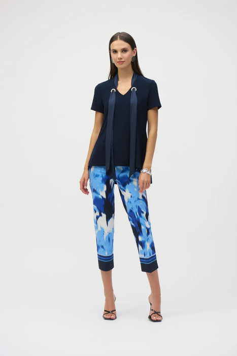 Joseph Ribkoff Blue/Vanilla Tropical Print Pull On Cropped Pants 252229
