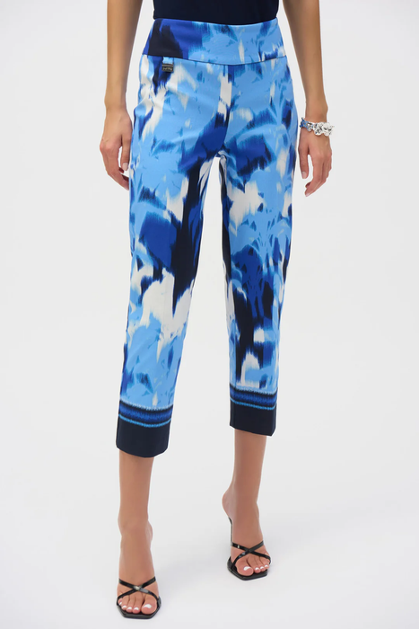Joseph Ribkoff 252229 Blue/Vanilla Tropical Print Pull On Cropped Pants