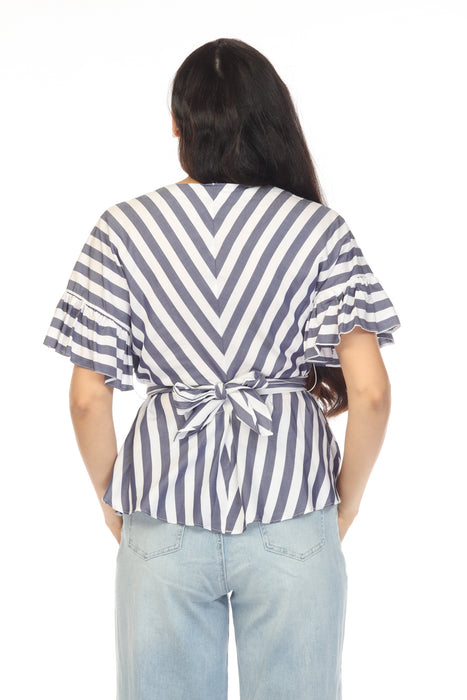 Joseph Ribkoff Blue/White Striped Belted Ruffed Sleeve Top 232168 NEW