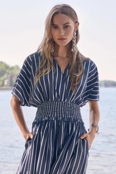 Joseph Ribkoff Blue/White Striped Midi Fit and Flare Dress 262912