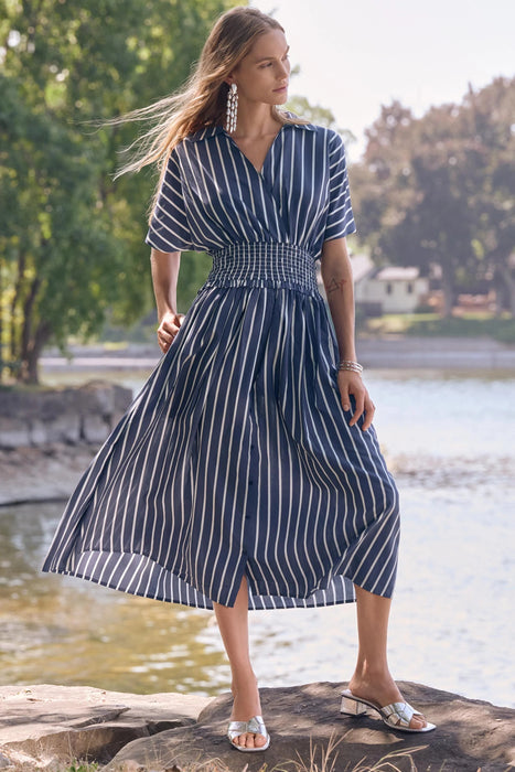 Joseph Ribkoff Blue/White Striped Midi Fit and Flare Dress 262912