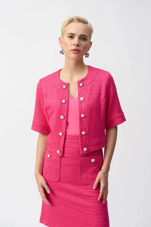 Joseph Ribkoff 251196 Pink Bouclé 3/4 Sleeves Cropped Jacket