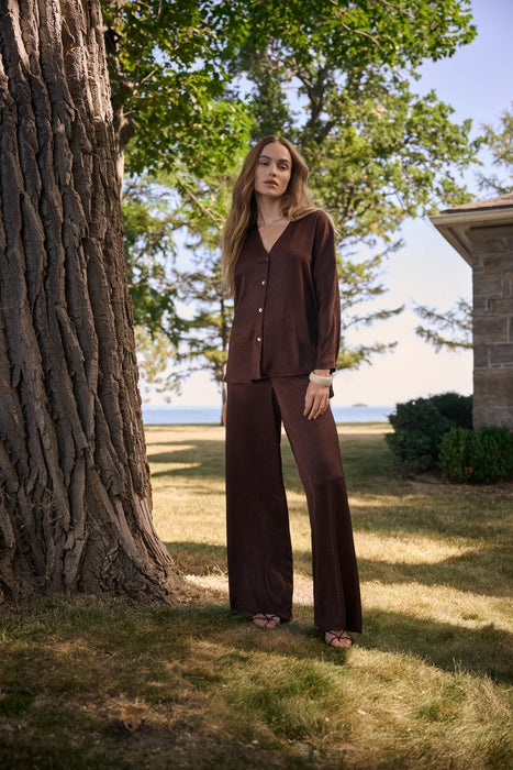 Joseph Ribkoff Mahogany V-Neck Button Front Boxy Satin Top 262153