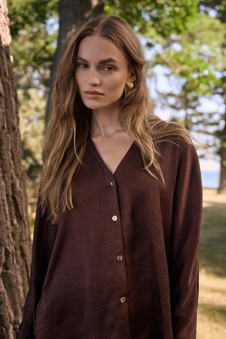 Joseph Ribkoff Mahogany V-Neck Button Front Boxy Satin Top 262153