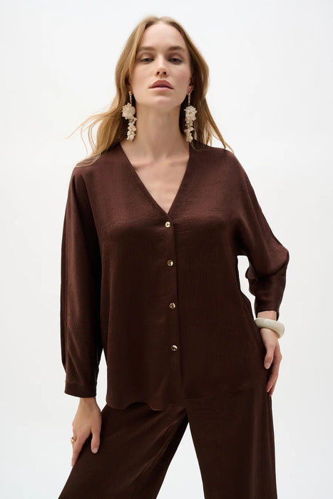 Joseph Ribkoff Mahogany V-Neck Button Front Boxy Satin Top 262153
