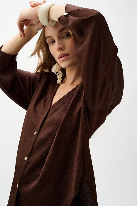 Joseph Ribkoff Mahogany V-Neck Button Front Boxy Satin Top 262153
