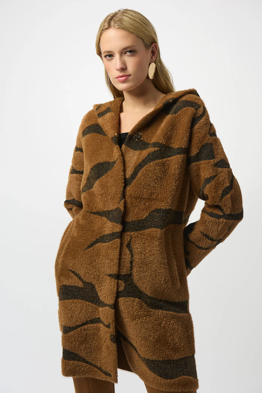 Joseph Ribkoff 253902 Brown/Black Animal Print Hooded Faux Fur Coat