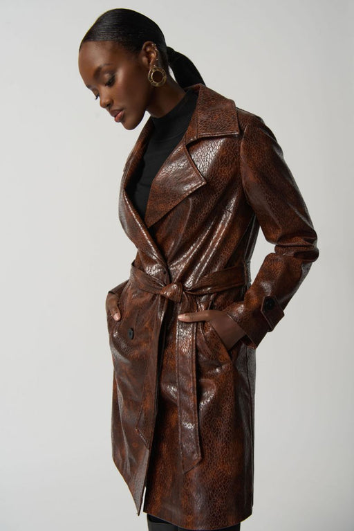 Joseph Ribkoff Style 233973 Brown Faux Leather Belted Double-Breasted Coat