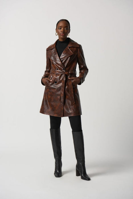 Joseph Ribkoff Brown Faux Leather Belted Double-Breasted Coat 233973