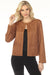 Woman wearing a brown solid color scuba suede jacket with front pockets from Joseph Ribkoff