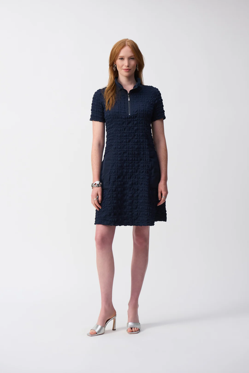 Joseph Ribkoff 251084 Midnight Blue Bubble Jacquard A-Line Textured Dress