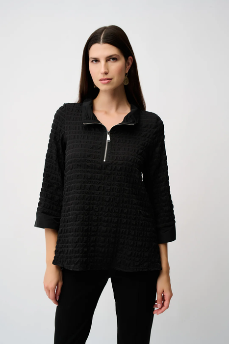 Joseph Ribkoff 253070 Black Bubble Textured Zipped Mock Collar 3/4 Sleeve Top