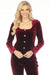 Woman wearing a burgundy velvet blazer with square neck and button front from Joseph Ribkoff