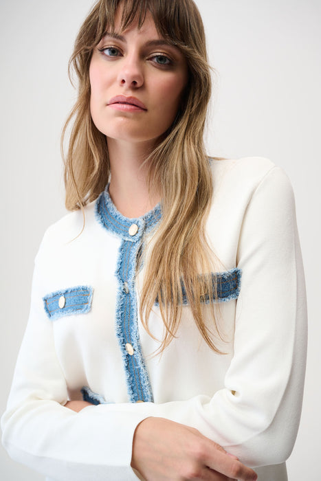 Joseph Ribkoff Winter White/Indigo Denim Trim Button Front Jacket 261927
