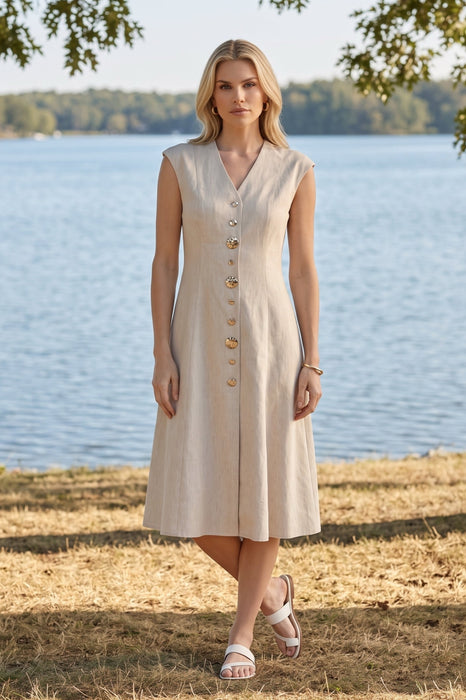Joseph Ribkoff Natural Button Front V-Neck Midi A-Line Dress 262129