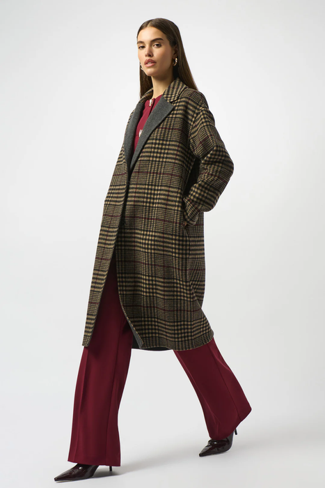 Joseph Ribkoff Camel/Multi Plaid Long Overcoat 253946