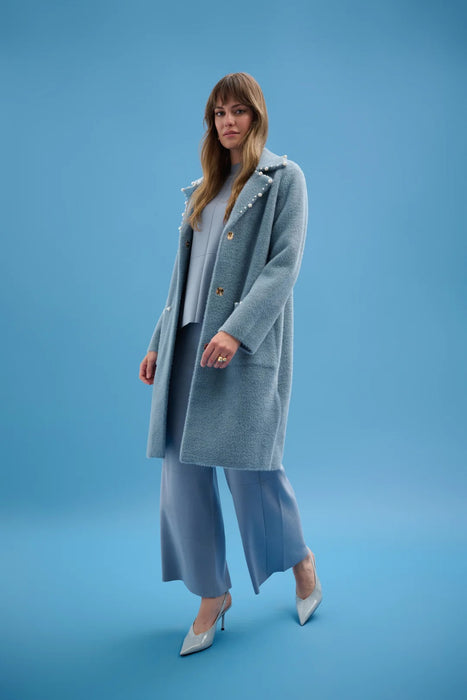 Joseph Ribkoff Chambray Pearl Trim Feather Yarn Coat 261997