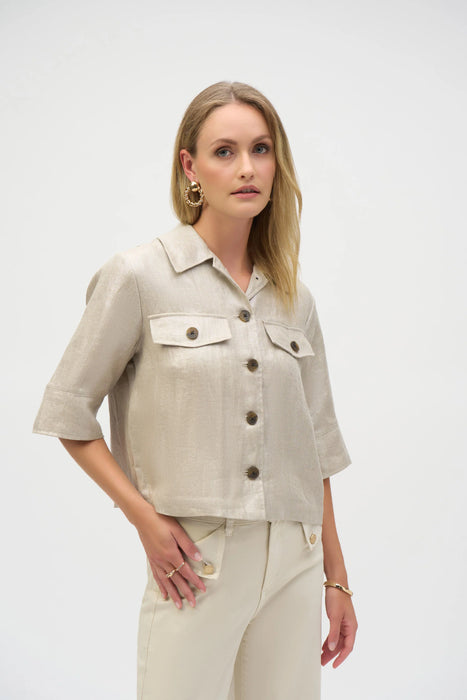 Joseph Ribkoff Style 252921 Champagne Foiled Linen Boxy Cropped Jacket
