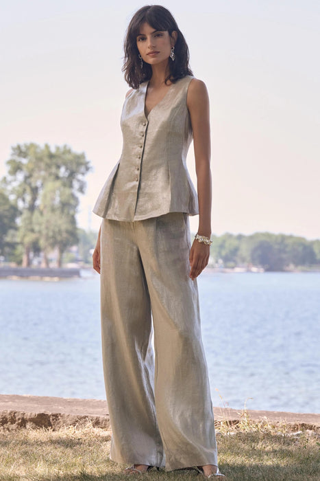 Joseph Ribkoff Champagne Foiled Linen Wide Leg Pants 262947