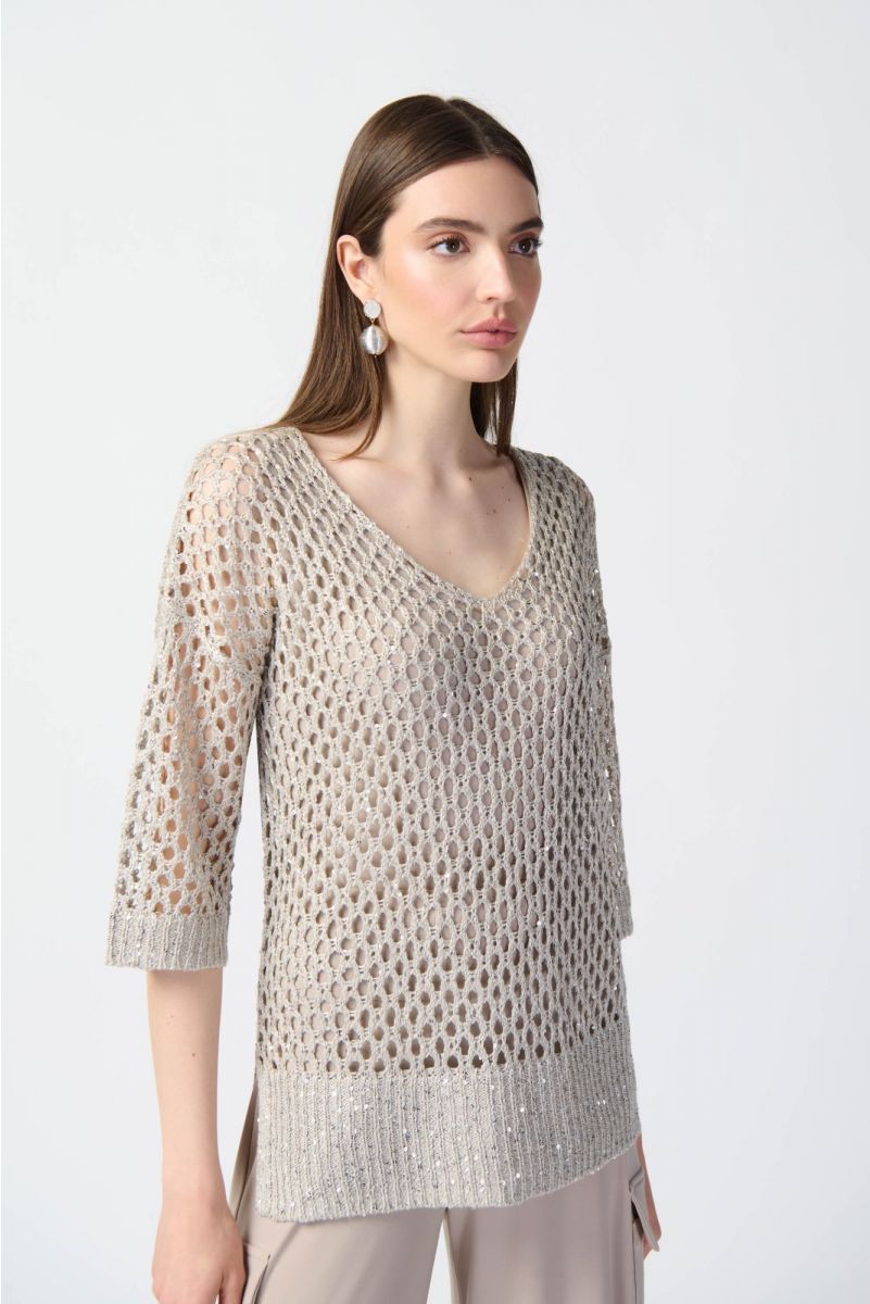 トミザップ Joseph Ribkoff Sequined V-Neck 3/4 Sleeve Crochet Top 241922