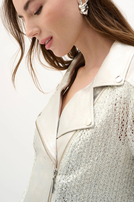 Joseph Ribkoff Champagne/Silver Faux Suede Foiled Moto Jacket 262902