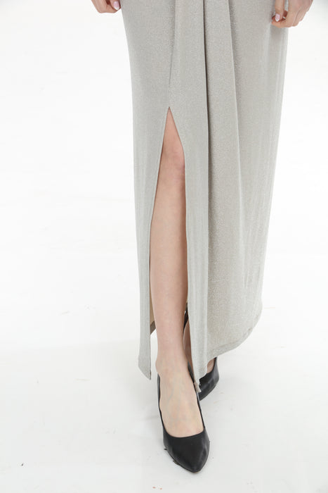 Joseph Ribkoff Champagne Sparkle Knit Draped Front Long Dress 261743