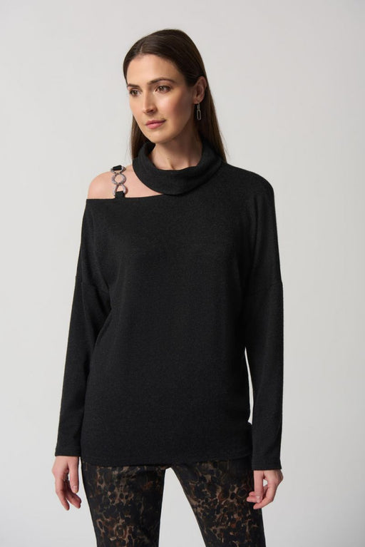 Joseph Ribkoff Style 233093 Charcoal Grey Cold Shoulder Chain Strap Detail Sweater Top