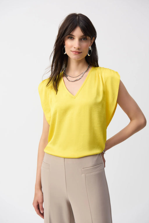Joseph Ribkoff Style 251130 Citrus V-Neck Shirred Shoulder Satin Top