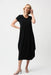 Woman wearing a black solid color midi dress with scoop neck, short sleeves and midi length from Joseph Ribkoff