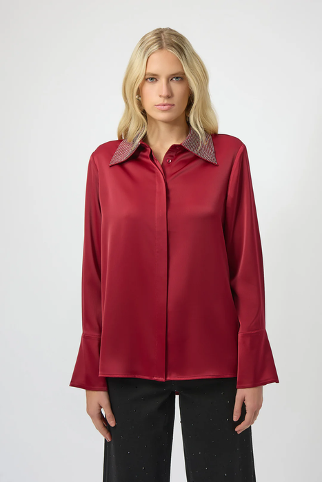 Joseph Ribkoff 254926 Deep Cherry Collared Front-Button Long Sleeve Top