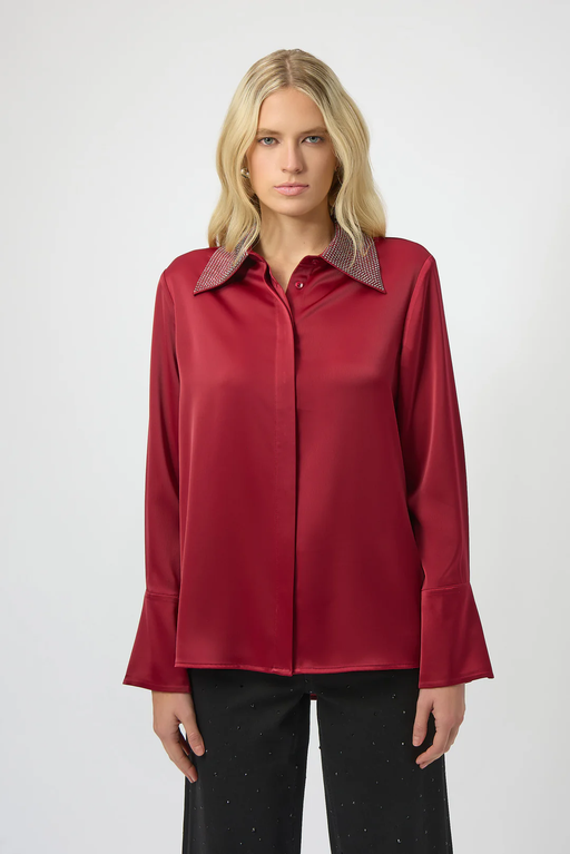Joseph Ribkoff 254926 Deep Cherry Collared Front-Button Long Sleeve Top